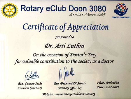 Dr. Arti Luthra’s Felicitation by Rotary on Doctor’s Day